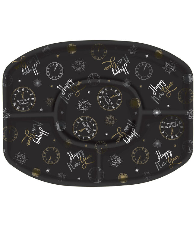 AMSCAN TRAY New Year's Black, Silver, Gold Plastic Sectional PlatterNEW YEARS