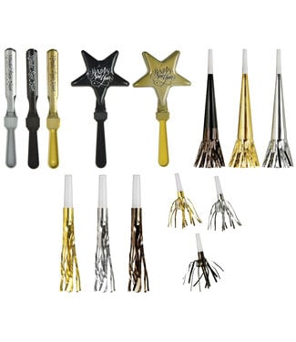 Happy New Year Noisemakers - Black, Silver, Gold - 40ct