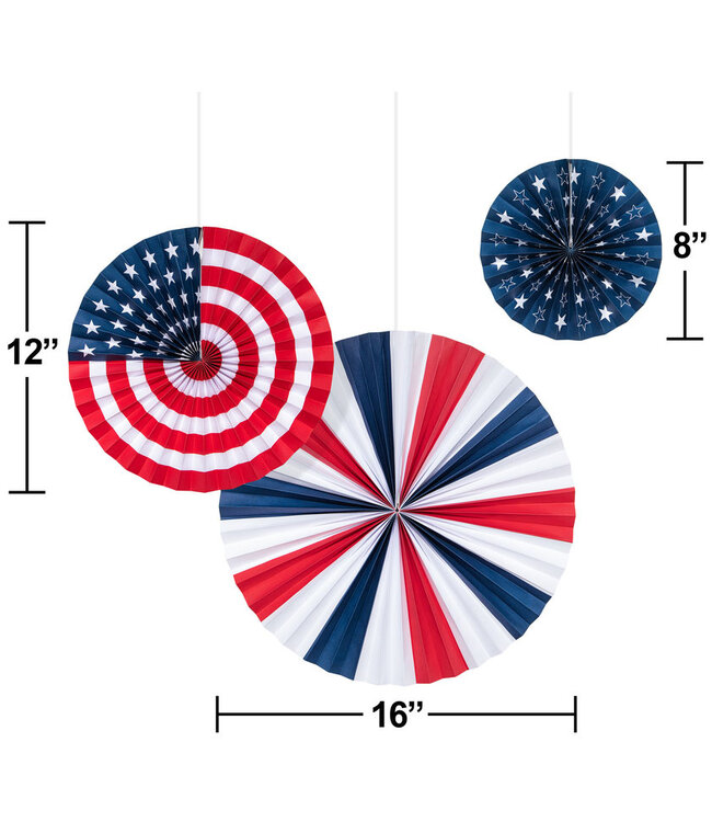 Patriotic Paper Fans - 3ct