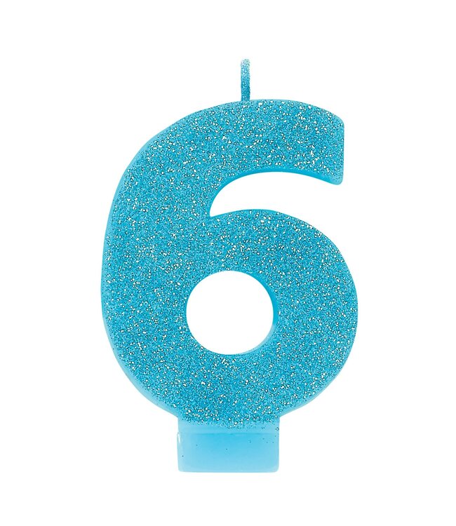 Numeral #6 Glitter Candle - Caribbean Blue