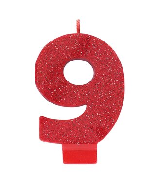 Numeral #9 Glitter Candle - Red