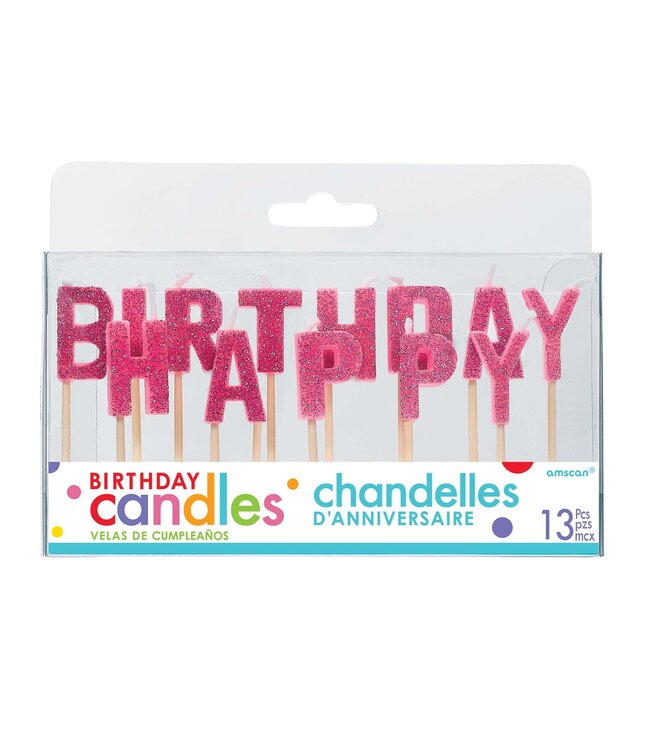 Happy Birthday Glitter Pick Candles - Pink