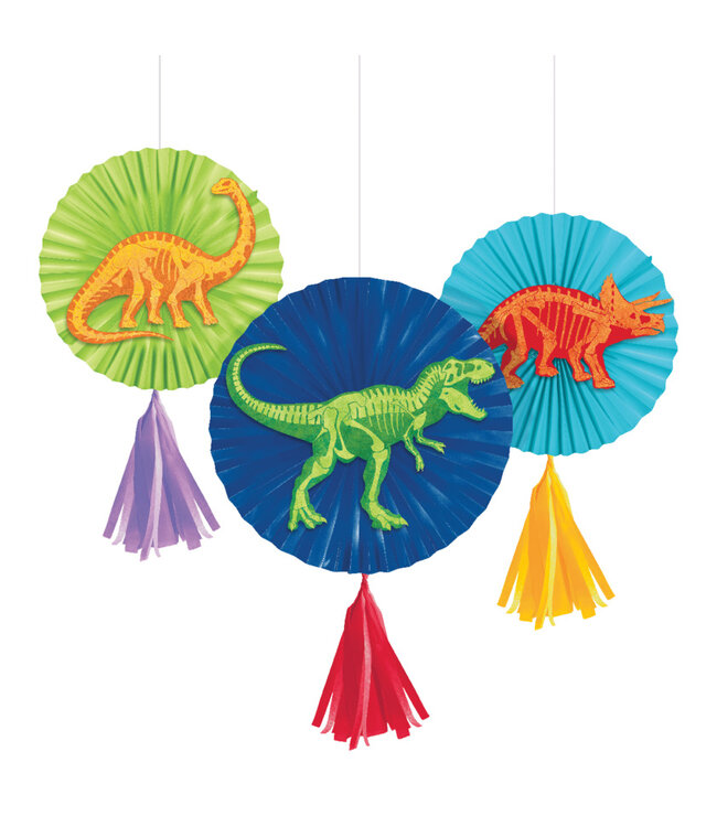 Dino Dig Paper Fans with Tassel - 3ct