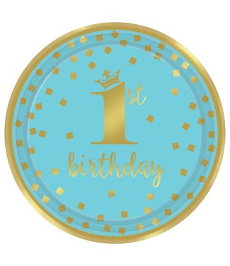 1st Birthday Boy Metallic Round Plates, 9"