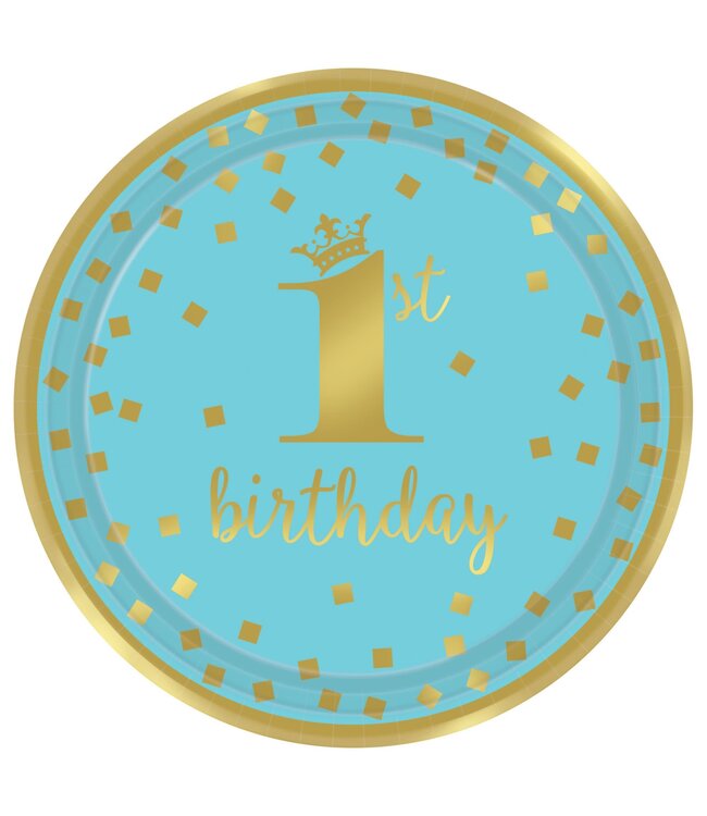 1st Birthday Boy Metallic Round Plates, 9"