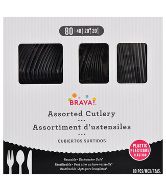 Amscan Jet Black Reusable Plastic Cutlery Assortment - 80ct