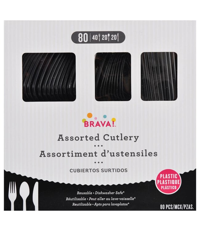 Amscan Jet Black Reusable Plastic Cutlery Assortment - 80ct