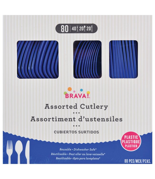 Amscan 80ct Reusable Plastic Cutlery Assortment - Bright Royal Blue