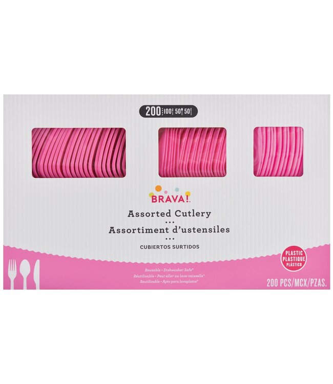Amscan 200ct Reusable Plastic Cutlery Assortment - Bright Pink