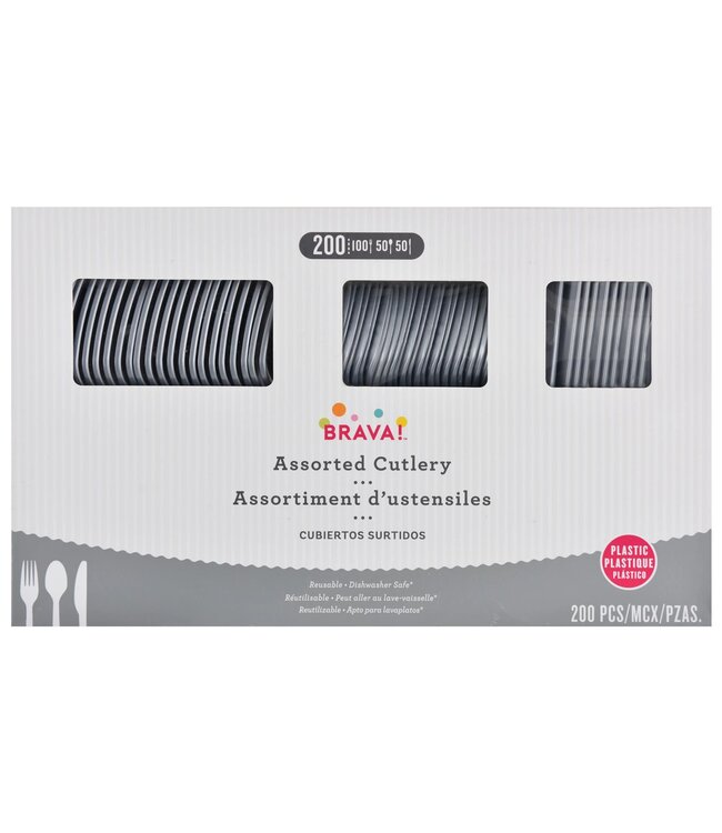 Amscan 200ct Reusable Plastic Cutlery Assortment - Silver