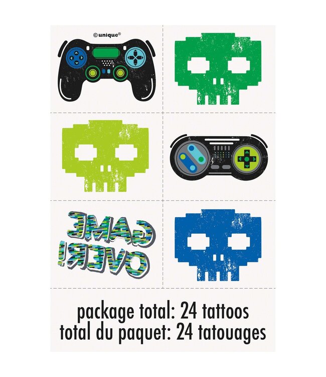 UNIQUE INDUSTRIES INC Gamer Birthday Temporary Tattoo Sheets, 4 Sheets, 24 Count