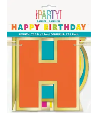 UNIQUE INDUSTRIES INC Gold Foil & Rainbow Happy Birthday Banner 7.25ft