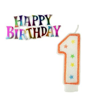 UNIQUE INDUSTRIES INC Glitter Number 1 Candle and Happy Birthday Sign, 3-3/8-inch, 2-piece