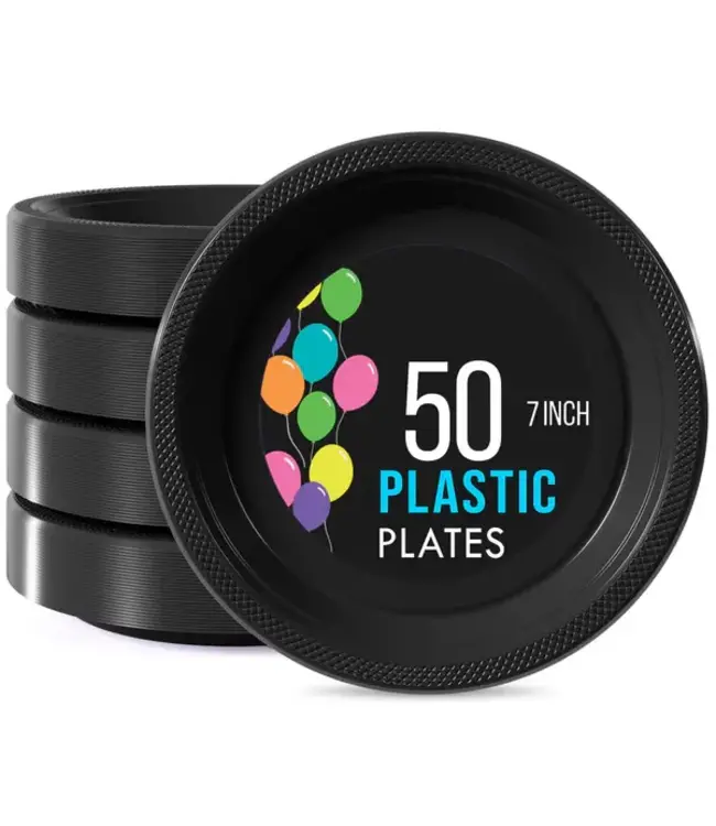 CROWN DISPLAY 7 in. Black Plastic Plates - 50 Ct.