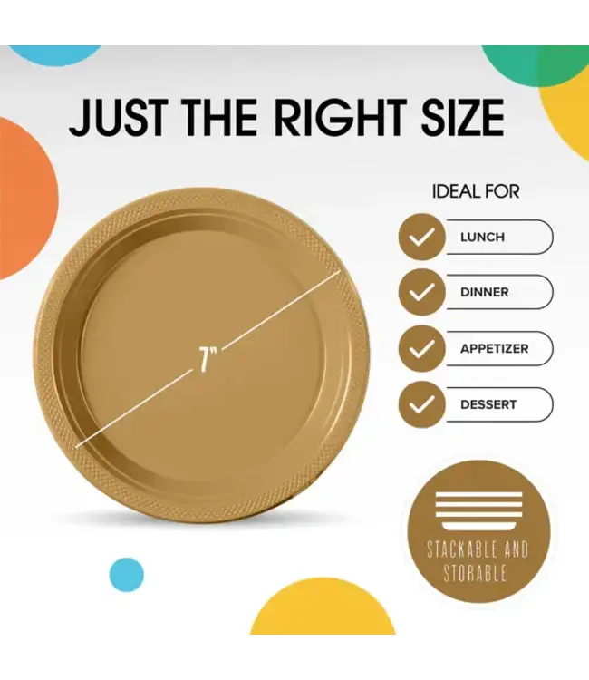 CROWN DISPLAY 7in Gold Plastic Plates - 50 Ct.