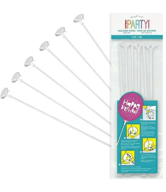 UNIQUE INDUSTRIES INC Unique Balloon Sticks & Cups-12in, 6 Pcs, One Size, White