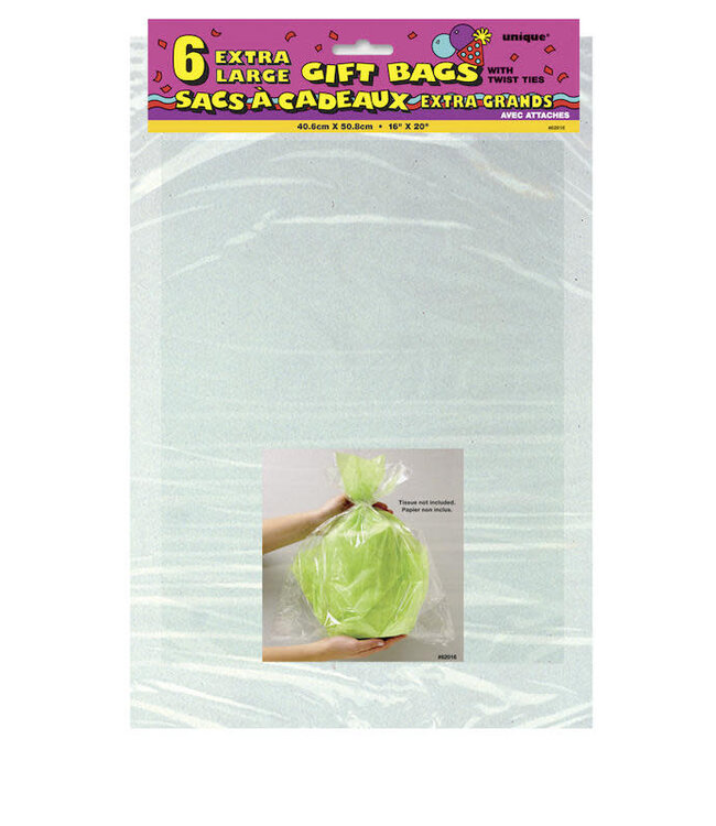 UNIQUE INDUSTRIES INC 16in X 20in Extra Large Gift Bags Clear, 6 Count