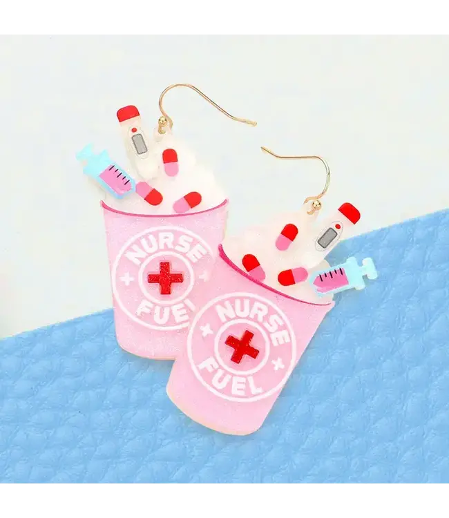 SENSIBLING CORP. Nurse Fuel Glittered Resin Syringe Latte Dangle Earrings