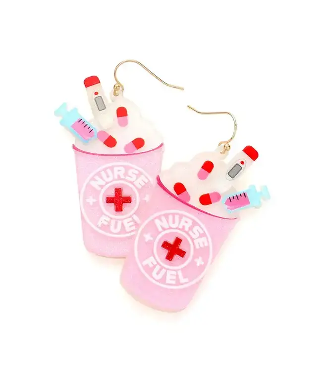 SENSIBLING CORP. Nurse Fuel Glittered Resin Syringe Latte Dangle Earrings