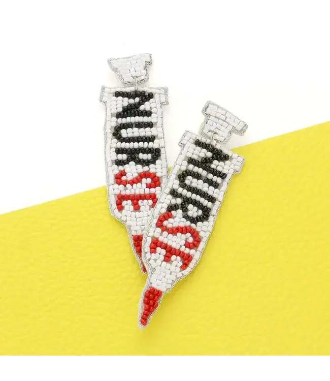 SENSIBLING CORP. Felt Back Nurse Message Seed Beaded Syringe Dangle Earrings