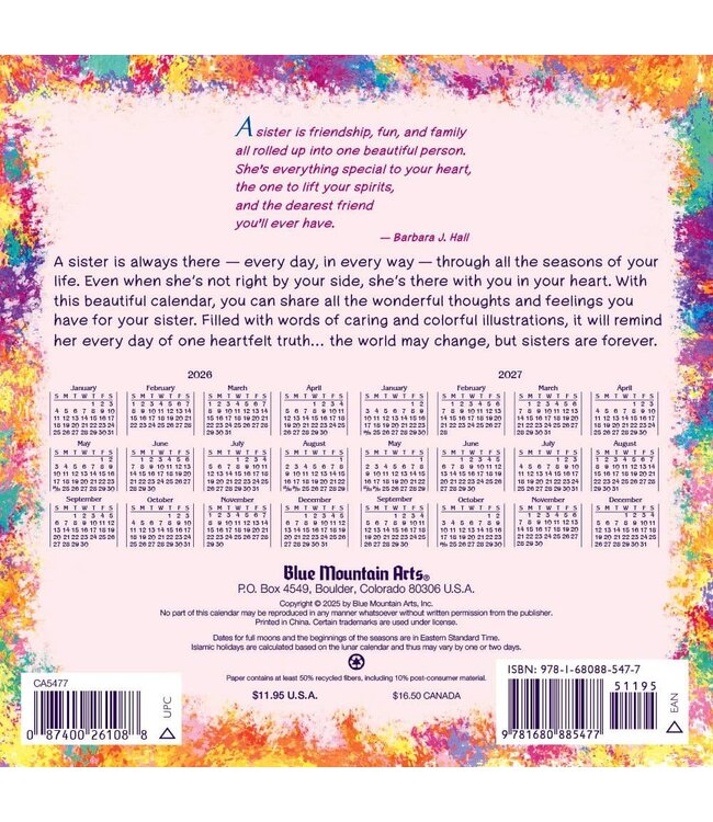 BLUE MOUNTAIN Blue Mountain Arts Sisters Are Forever 2026 Wall Calendar