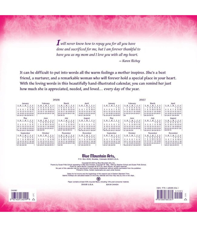 BLUE MOUNTAIN Blue Mountain Arts I Love You Mom 2026 Wall Calendar