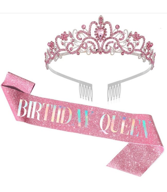 PARTY ON Pink Rhinestone Tiara & Birthday Queen Sash