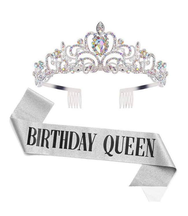 PARTY ON Silver Rhinestone Tiara & Birthday Queen Sash