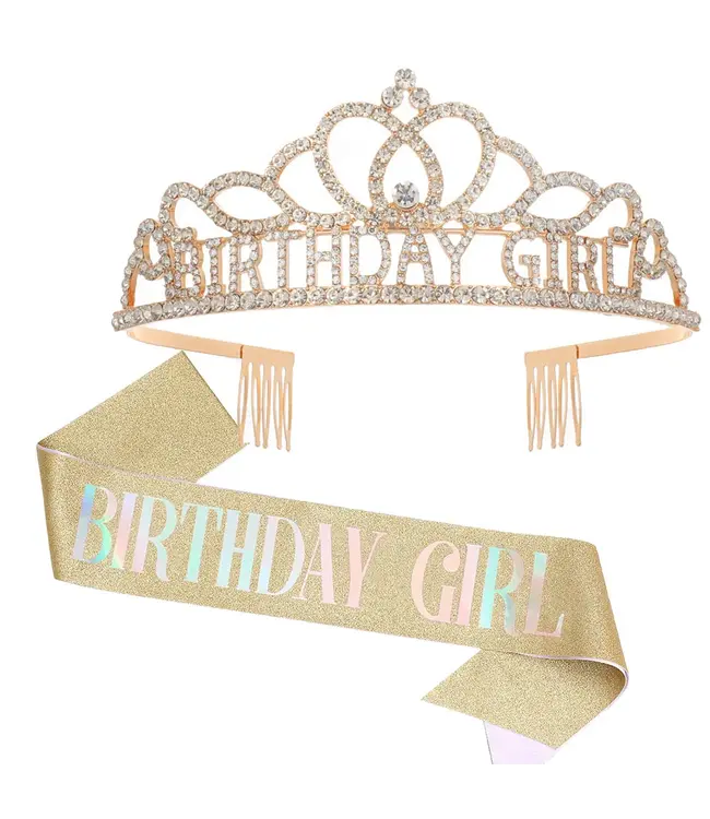 PARTY ON Gold Rhinestone Tiara & Birthday Girl Sash