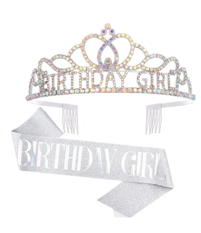 PARTY ON Silver Rhinestone Tiara & Birthday Girl Sash