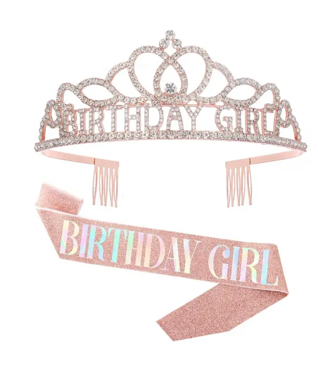 PARTY ON Rose Gold Rhinestone Tiara & Birthday Girl Sash