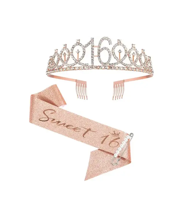 PARTY ON 16th Birthday Crown and Sash Kit- "Sweet 16" Rose Gold