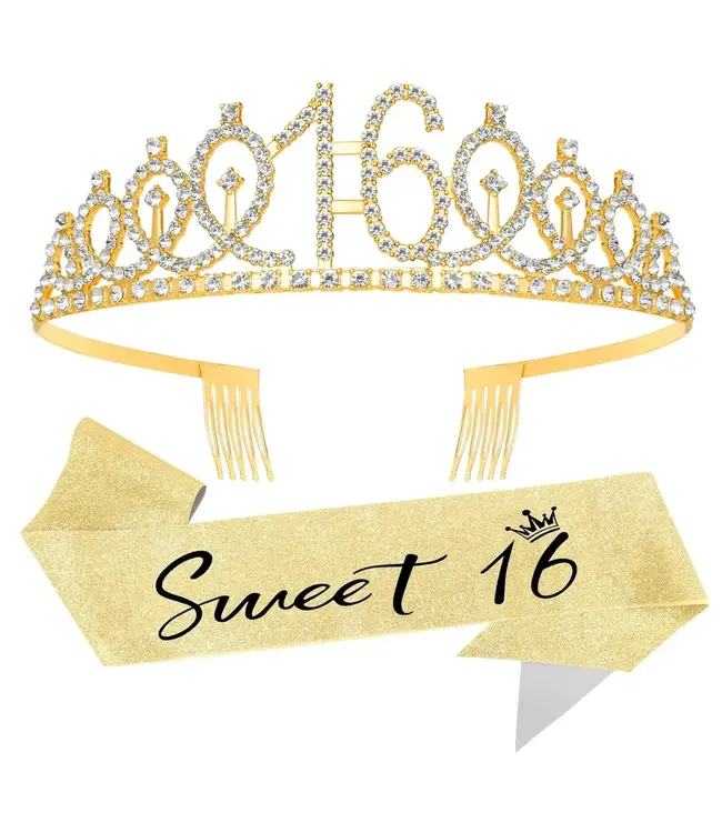 PARTY ON 16th Birthday Crown and Sash Kit- "Sweet 16" Gold