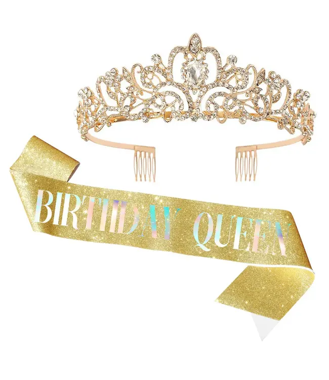 PARTY ON Gold Rhinestone Tiara & Birthday Queen Sash