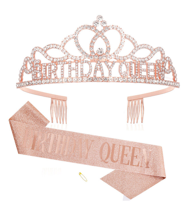 PARTY ON Rose Gold Rhinestone Tiara & Birthday Queen Sash