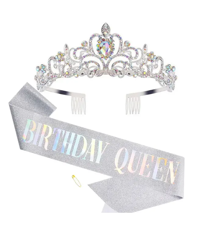 PARTY ON Silver Rhinestone Tiara & Birthday Queen Sash