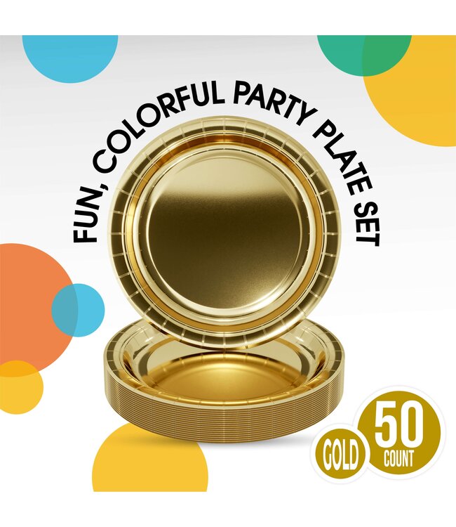 CROWN DISPLAY 9 In. Reflective Gold Paper Plates - 50 Ct.