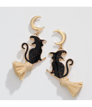 Periwinkle BLACK CATS ON BROOMS EARRINGS