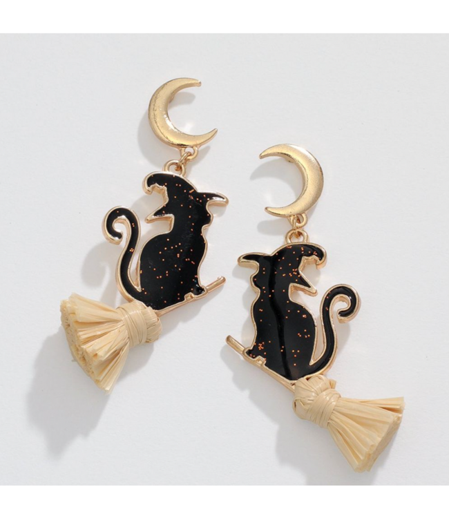 Periwinkle BLACK CATS ON BROOMS EARRINGS