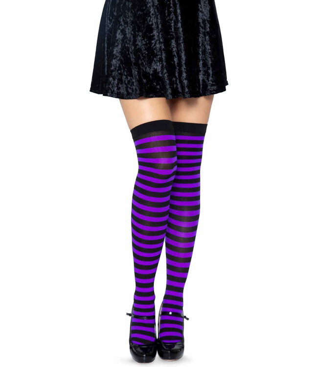 LEG AVENUE Black & Purple Striped Thigh Highs