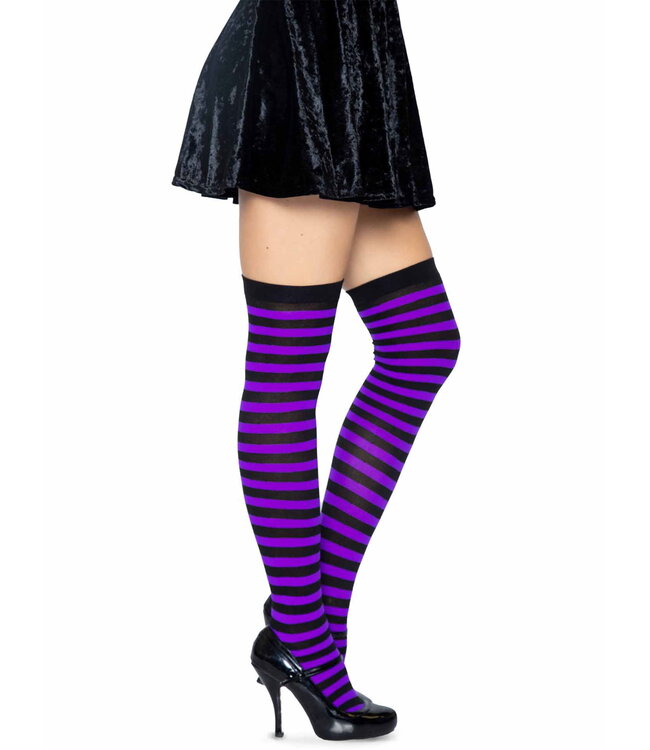 LEG AVENUE Black & Purple Striped Thigh Highs