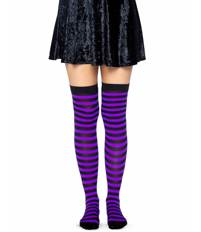 LEG AVENUE Black & Purple Striped Thigh Highs