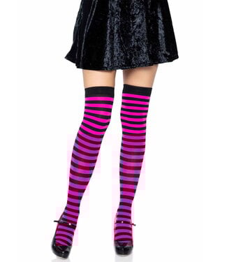 LEG AVENUE Black & Neon Pink Striped Thigh Highs
