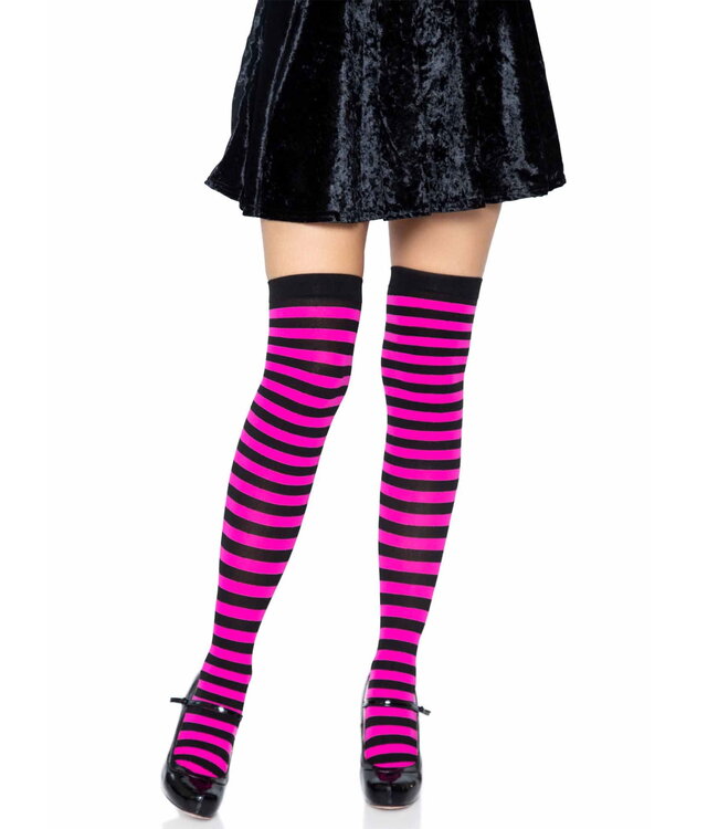 LEG AVENUE Black & Neon Pink Striped Thigh Highs