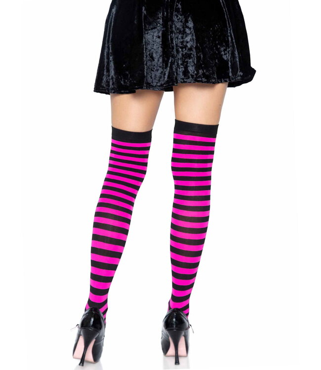 LEG AVENUE Black & Neon Pink Striped Thigh Highs