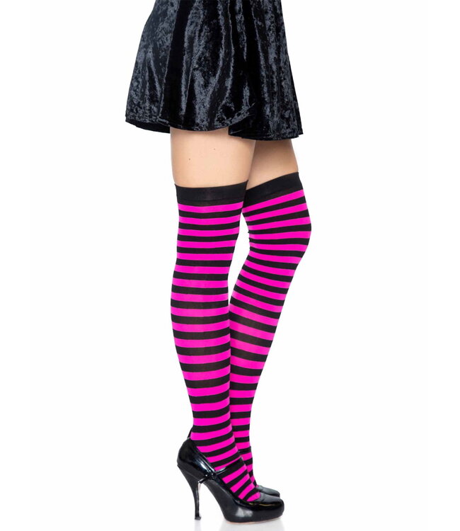 LEG AVENUE Black & Neon Pink Striped Thigh Highs