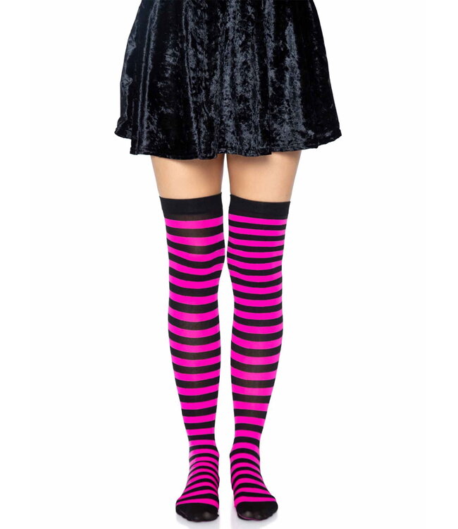 LEG AVENUE Black & Neon Pink Striped Thigh Highs