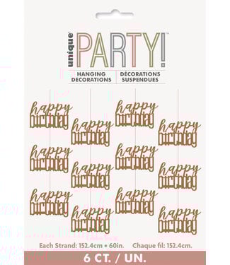 UNIQUE INDUSTRIES INC Glitz Rose Gold Hanging Swirl "Happy Birthday" Decorations, 6 Count