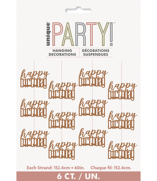 UNIQUE INDUSTRIES INC Glitz Rose Gold Hanging Swirl "Happy Birthday" Decorations, 6 Count