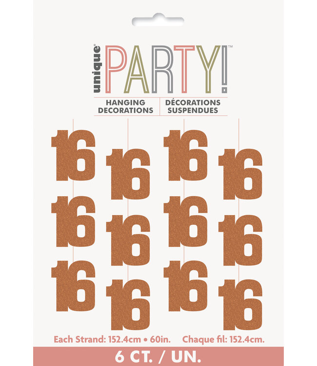 UNIQUE INDUSTRIES INC Glitz Rose Gold Hanging Swirl "16" Decorations, 6 Count